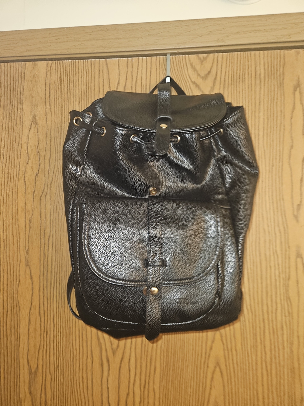 Black "Leather" Backpack - Classic Drawstring Backpack